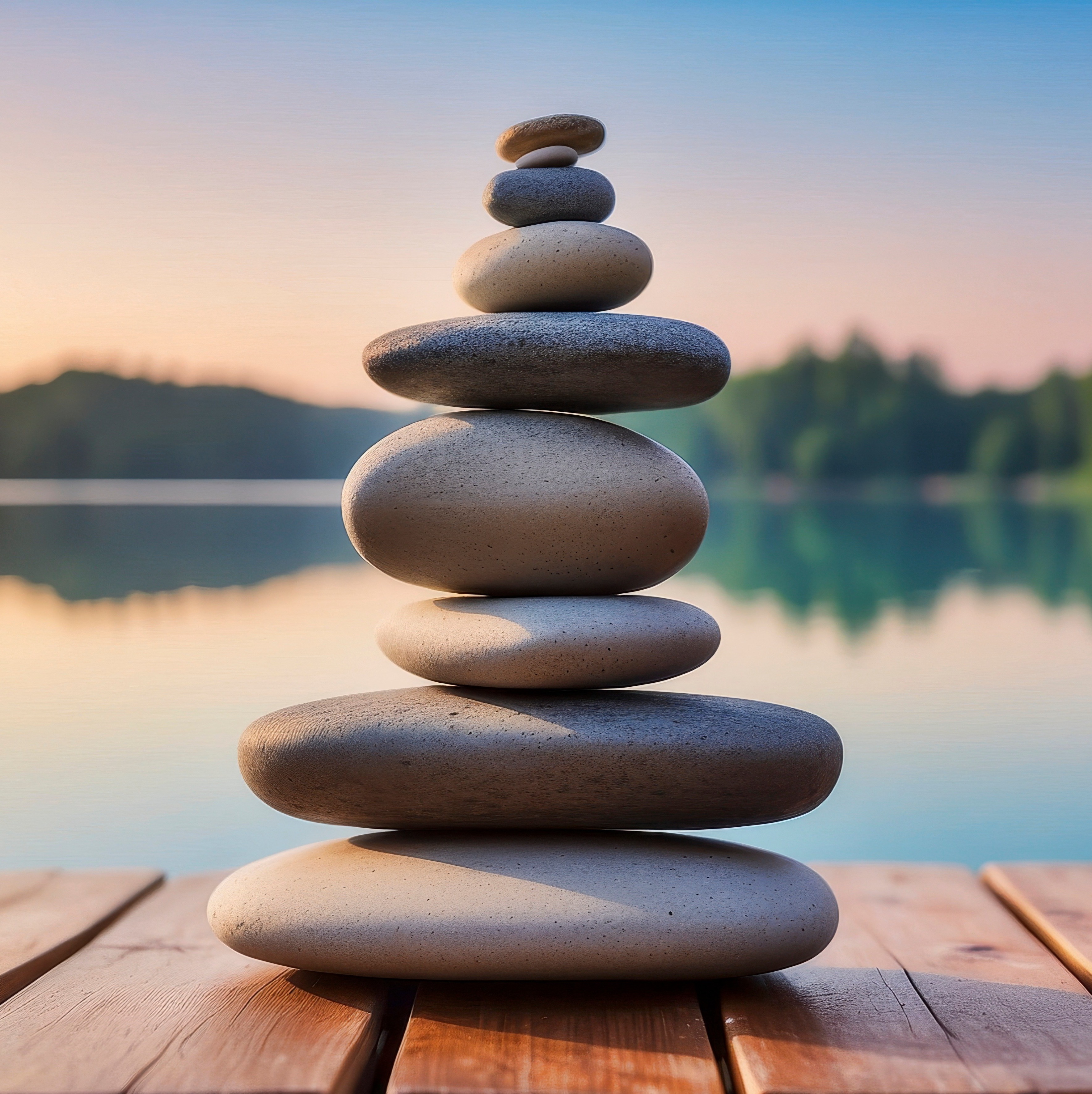 Balancing stones stacked on a wood pier looking out over a lake