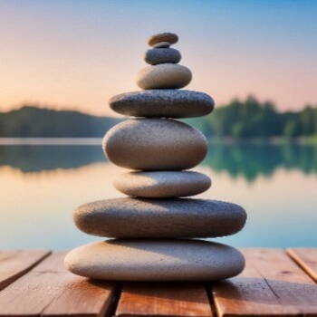 Balancing stones stacked on a wood pier looking out over a lake